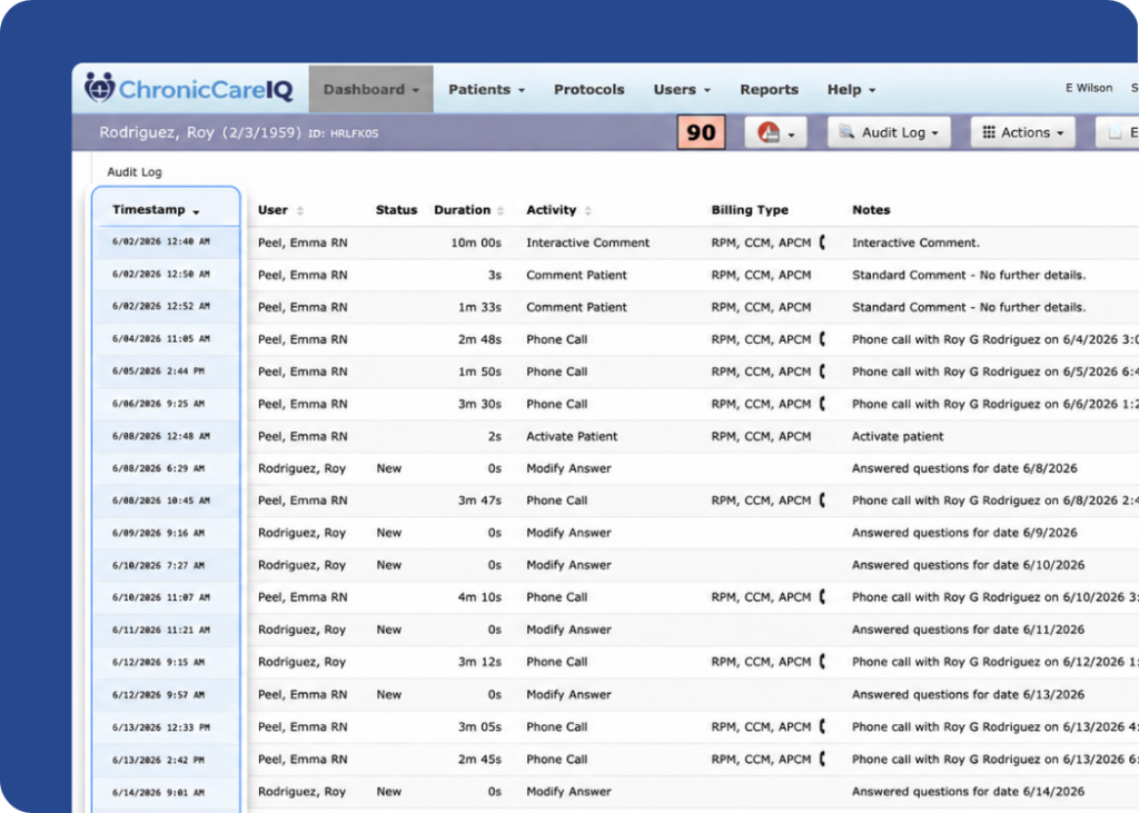 ChronicCareIQ patient audit log showing timestamped care activity entries for a patient.